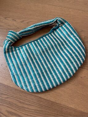 Melie Bianco The Brigitte Satchel - Teal & Natural Raffia - EUC - Anthropologie